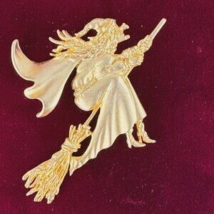Vintage Jonette Gold Plated Pewter Halloween Witch on Broom Pin or Broach